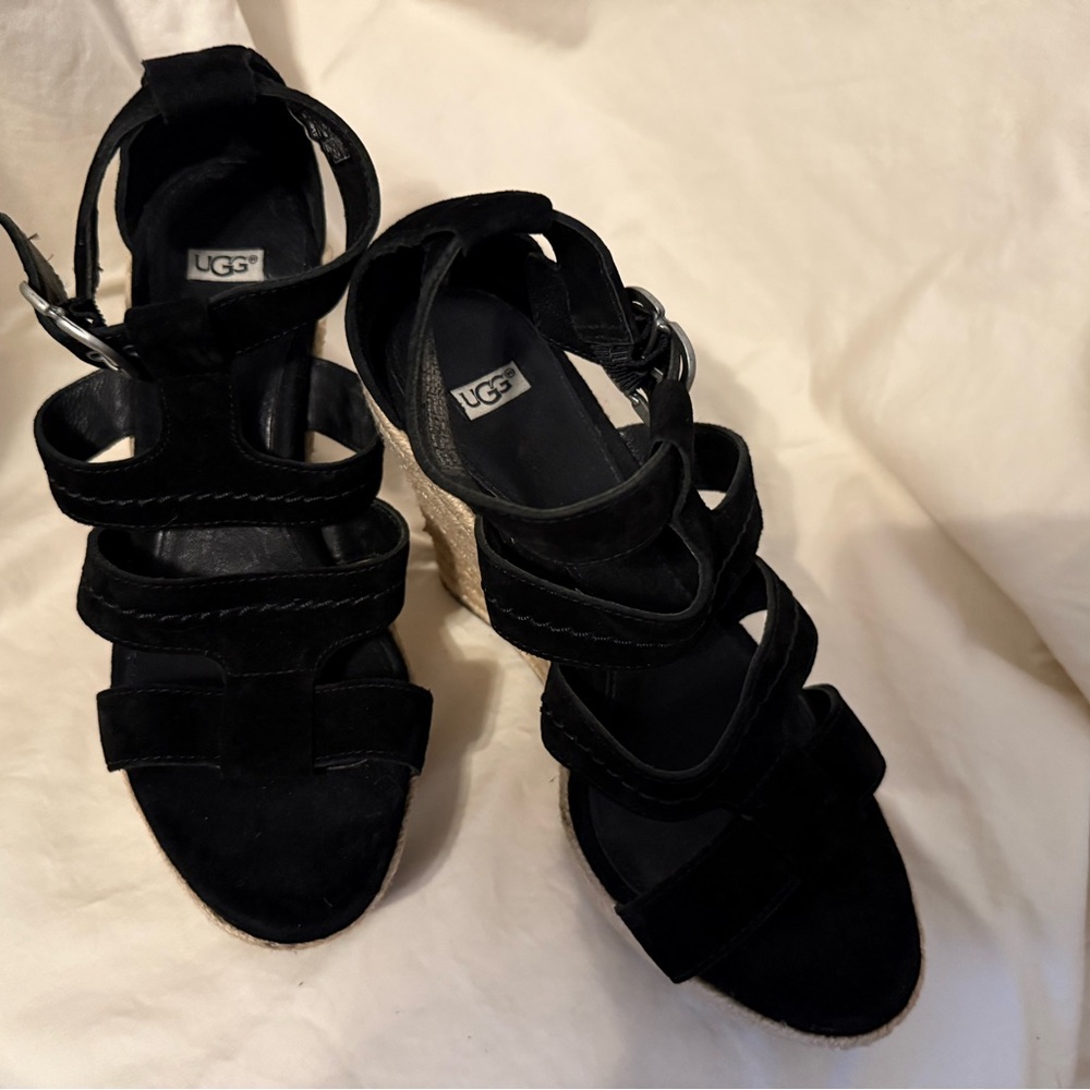 UGG Black Wedge Sandals with Suede Straps